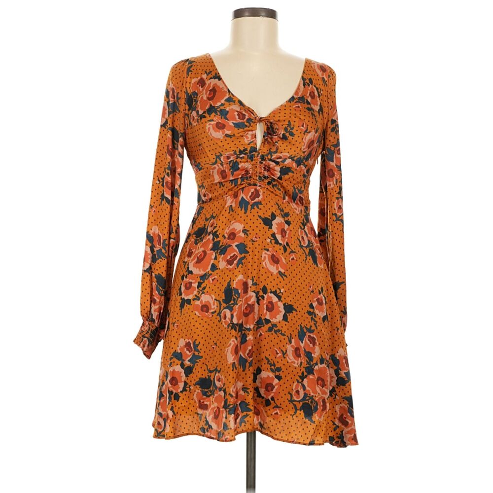 Free People Orange Floral Polka Dot Cutout Mini Dress Size 6 Long Sleeve